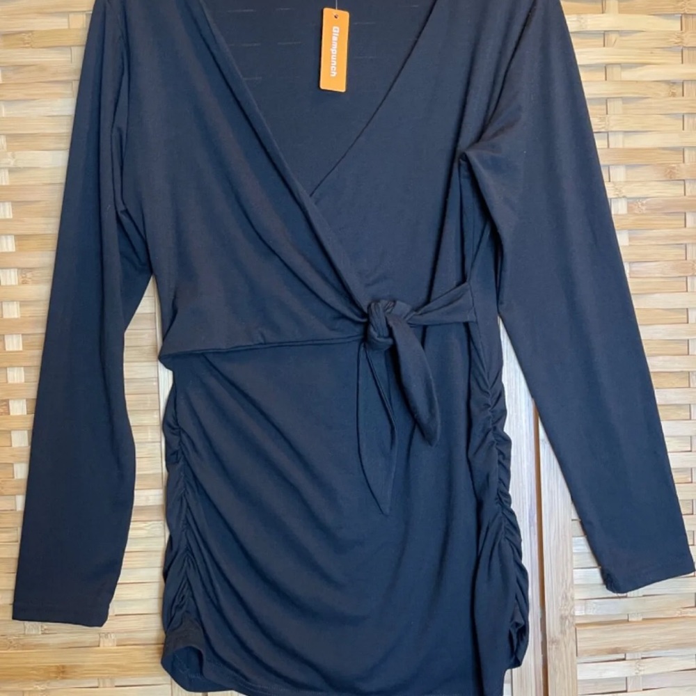 Women’s Maternity Top Tie Front Wrap Long Sleeve Glampunch Black Medium NWT